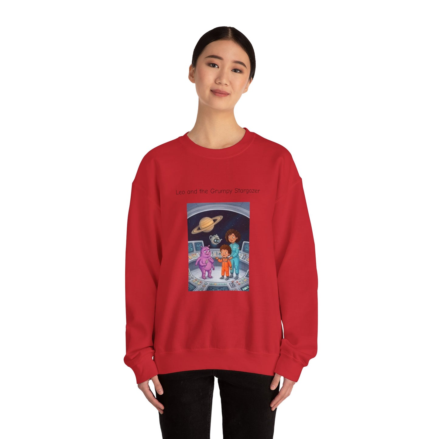 Crewneck Sweatshirt — 'Leo and the Grump from the Planet Gloom' Space Cartoon Graphic