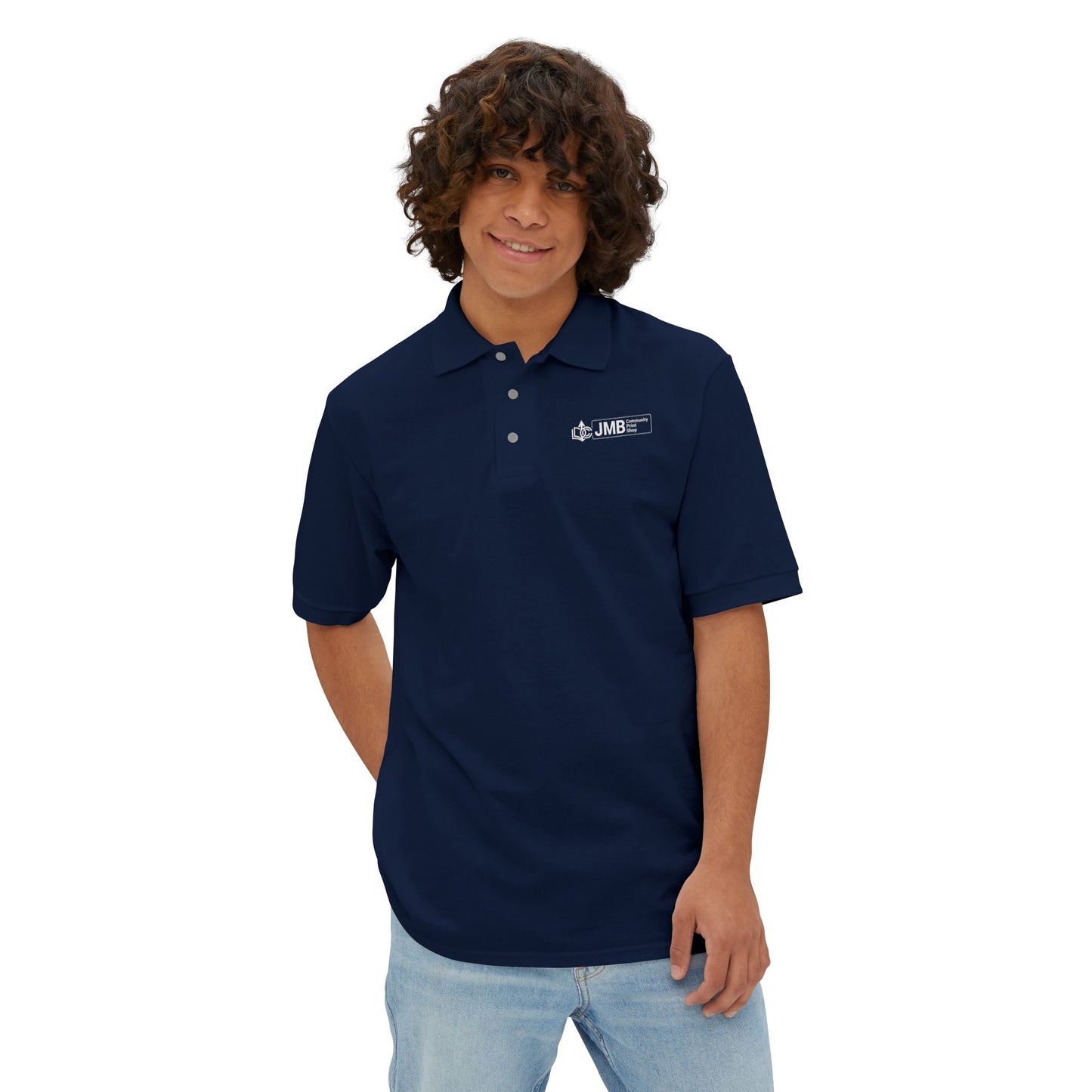 Classic Embroidered Logo Polo with JMB Community Print Shop Logo — Men's White Piqué Polo