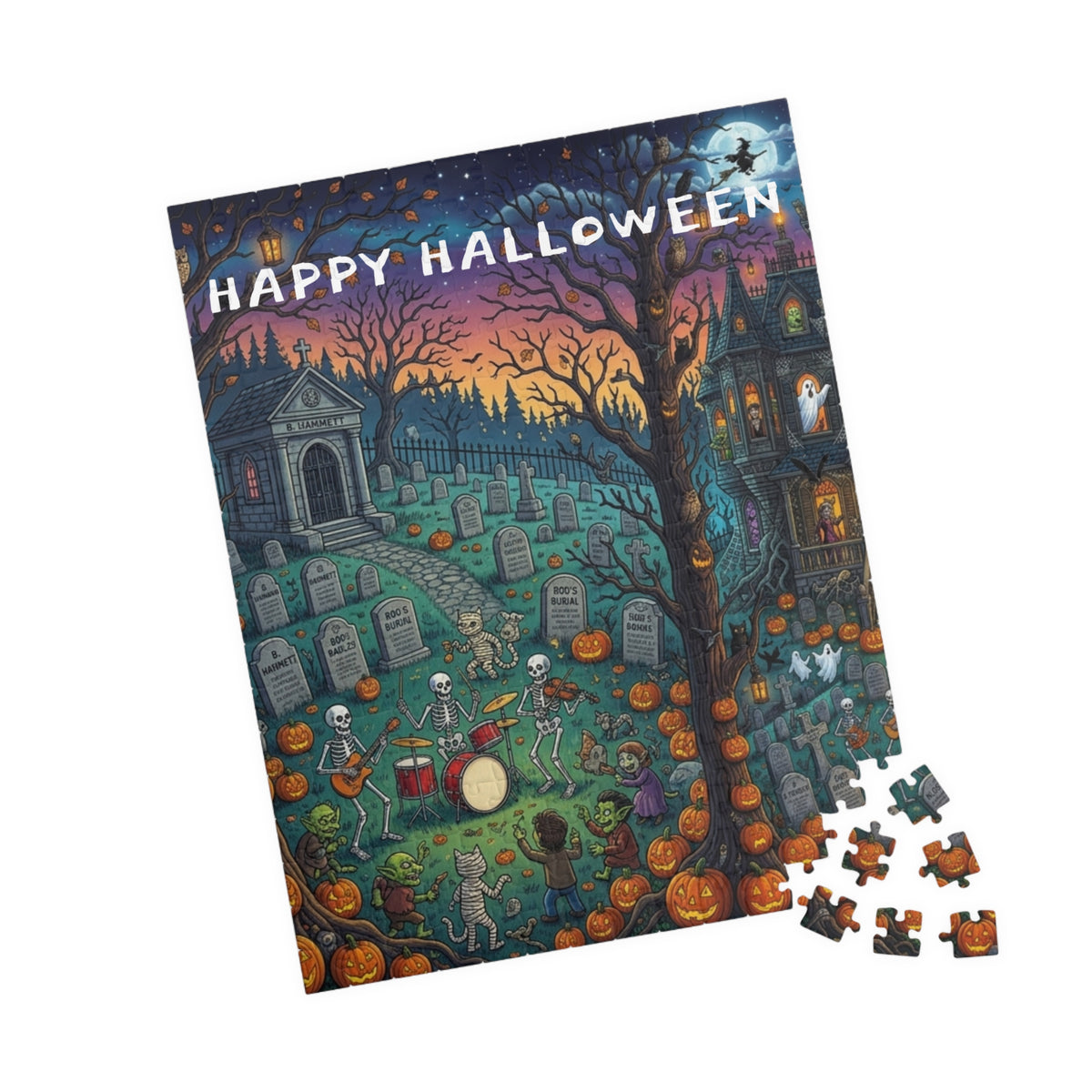 Happy Halloween Graveyard Puzzle — Spooky Pumpkin & Skeleton Scene (110/252/520/1014 pcs)