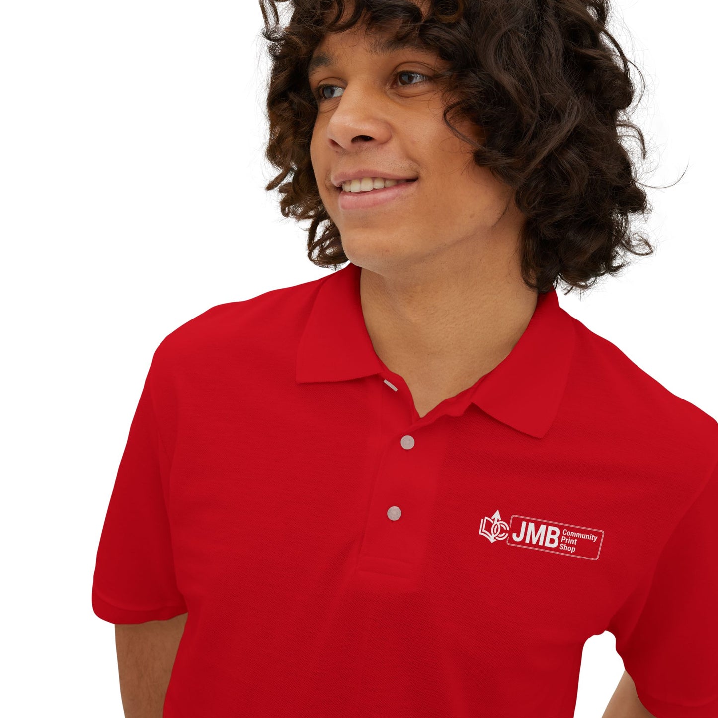 Classic Embroidered Logo Polo with JMB Community Print Shop Logo — Men's White Piqué Polo