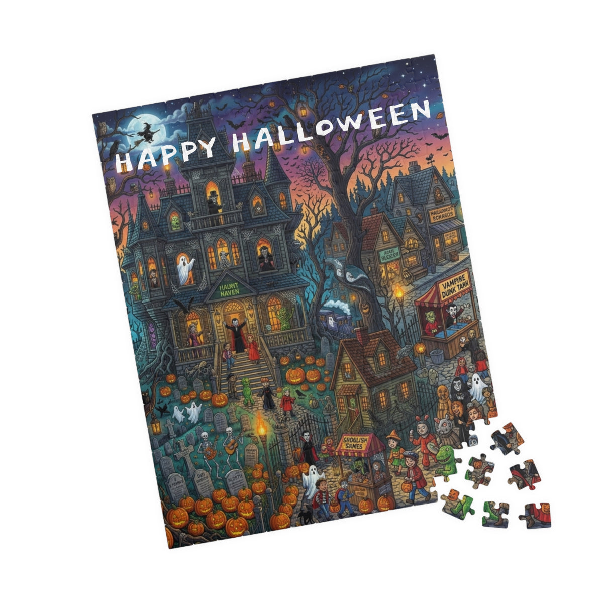 Happy Halloween Haunted House Puzzle – Spooky Pumpkin Patch Jigsaw (110–1014 pcs)
