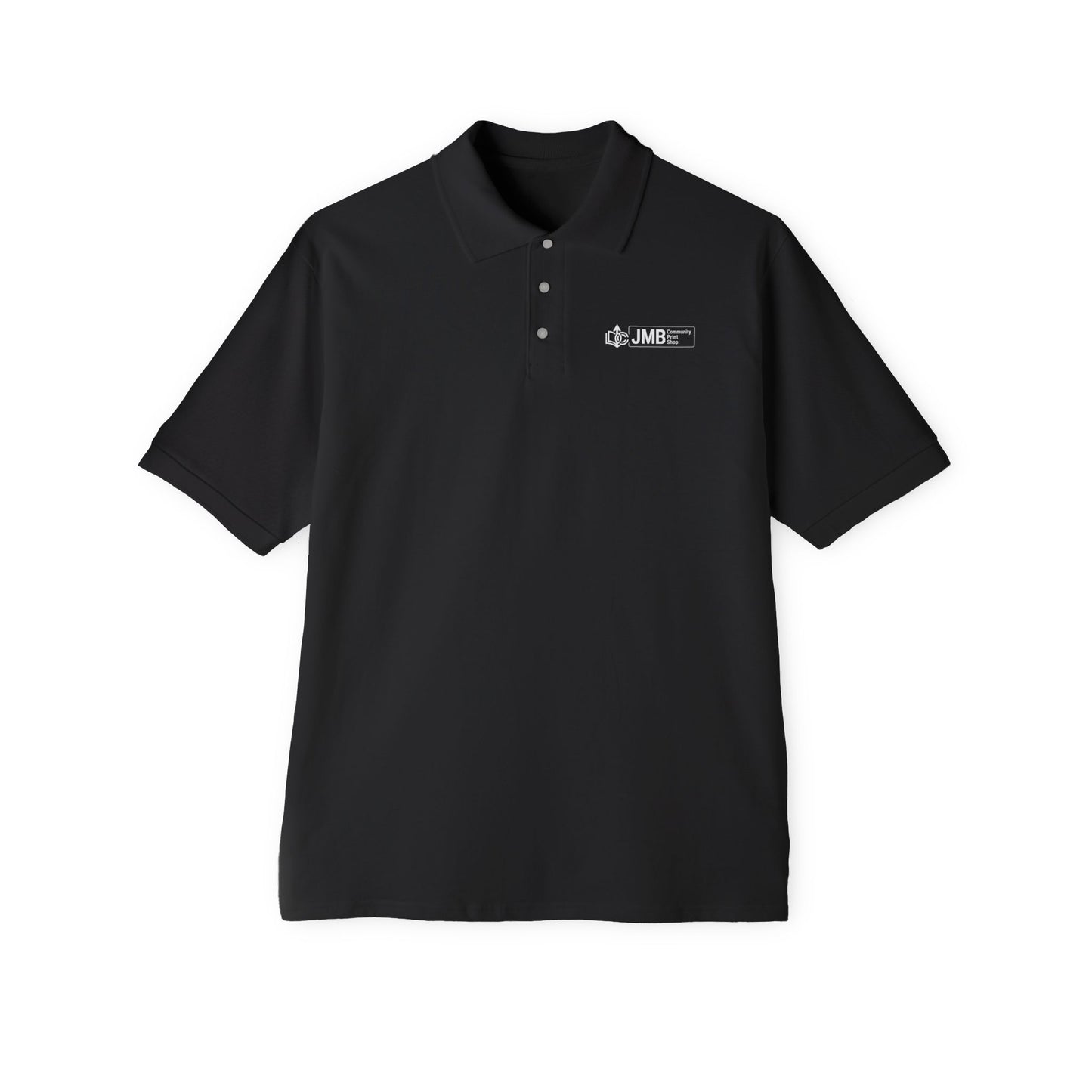 Classic Embroidered Logo Polo with JMB Community Print Shop Logo — Men's White Piqué Polo