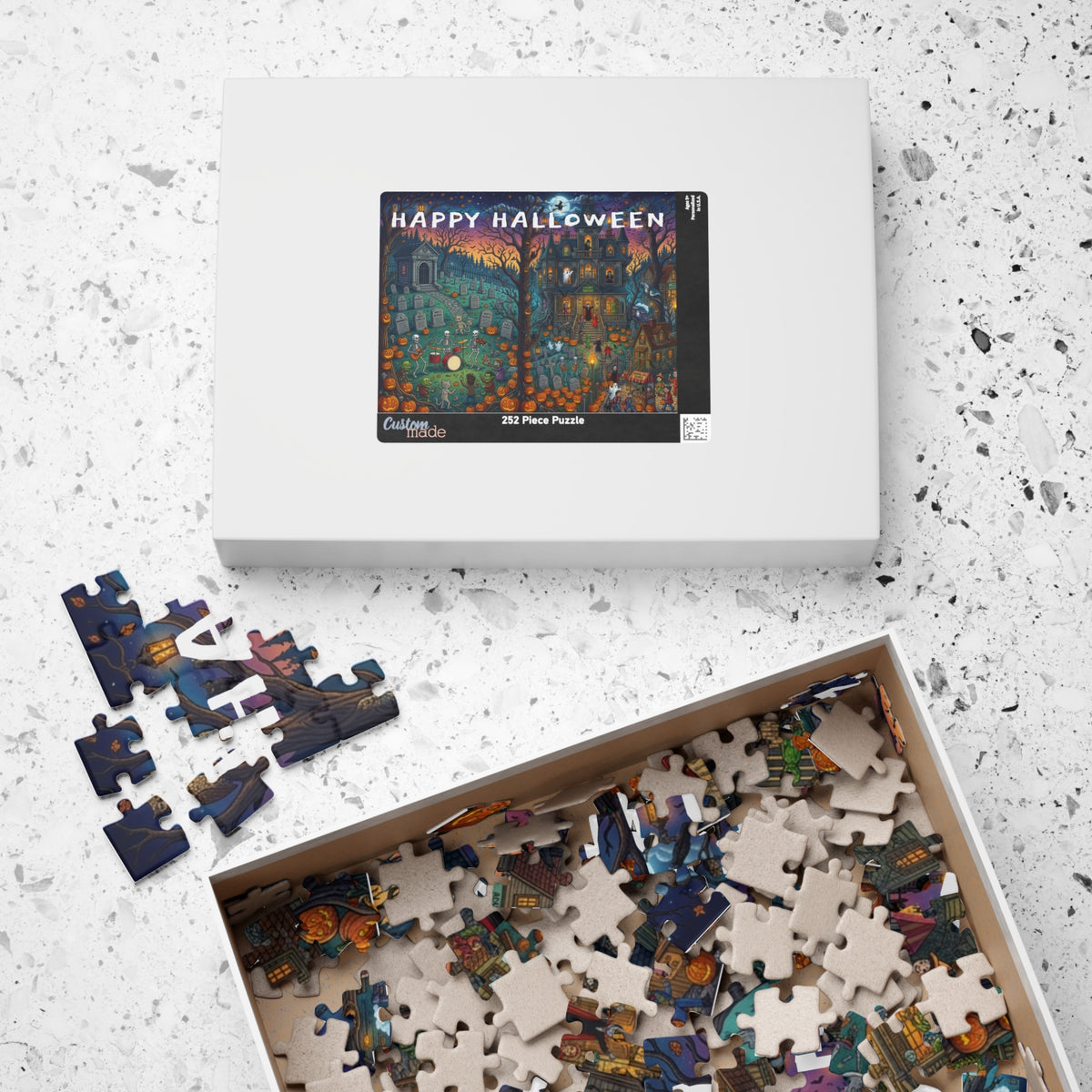 Happy Halloween Graveyard Puzzle — Spooky Pumpkin & Skeleton Scene (110/252/520/1014 pcs)