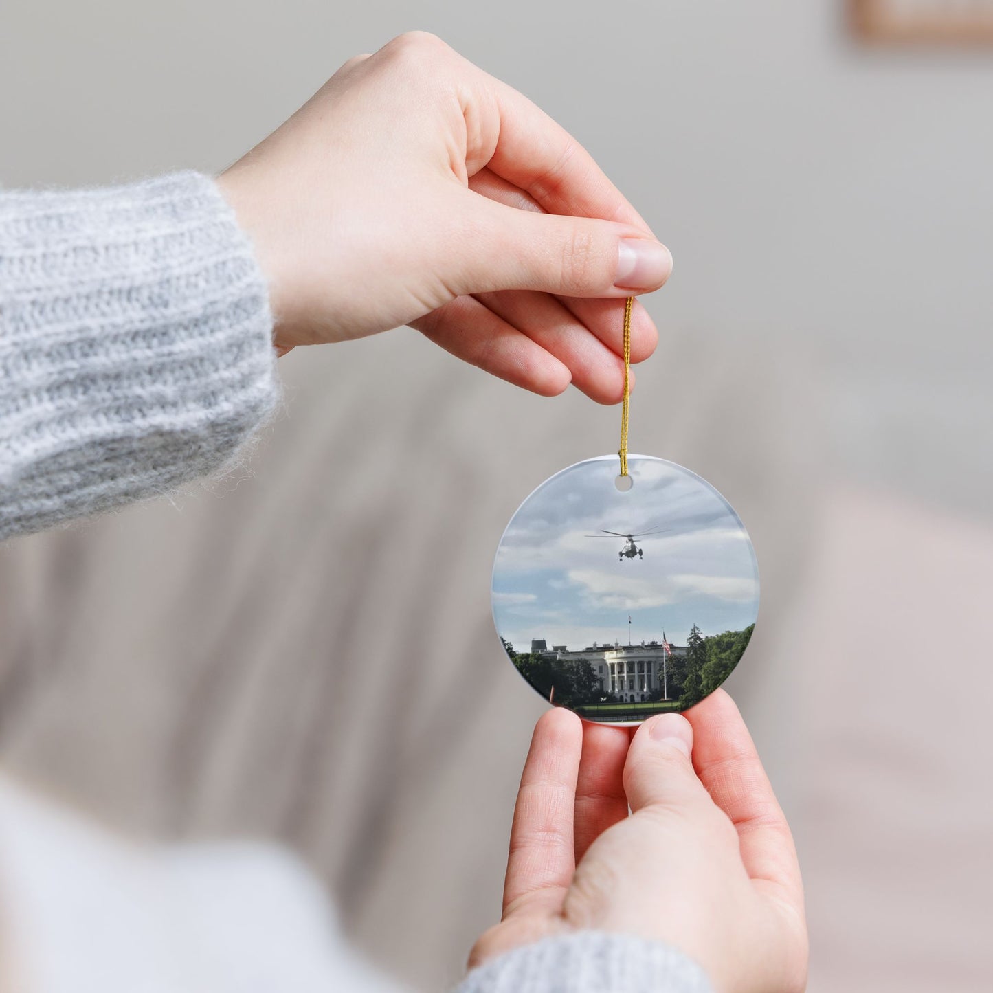 White House & Marine One Ceramic Ornament — Presidential Helicopter Keepsake