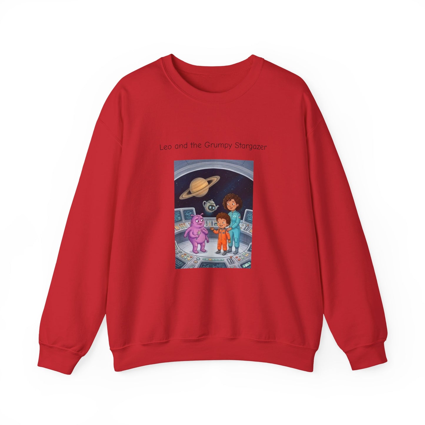 Crewneck Sweatshirt — 'Leo and the Grump from the Planet Gloom' Space Cartoon Graphic