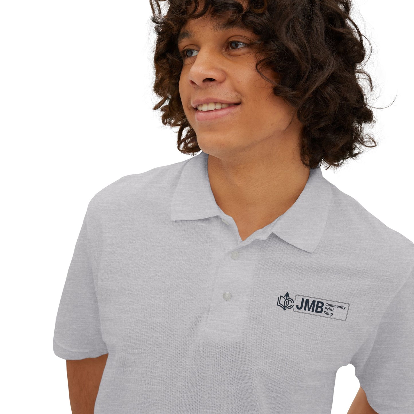 Classic Embroidered Logo Polo with JMB Community Print Shop Logo — Men's White Piqué Polo