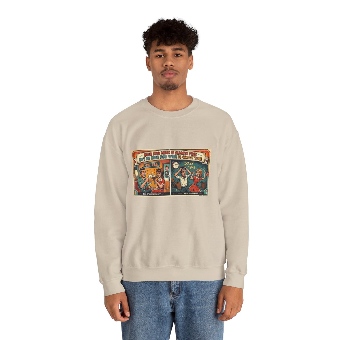 Retro Comic Beer and Wine Crewneck Sweatshirt — Vintage Arcade Pop Art Graphic