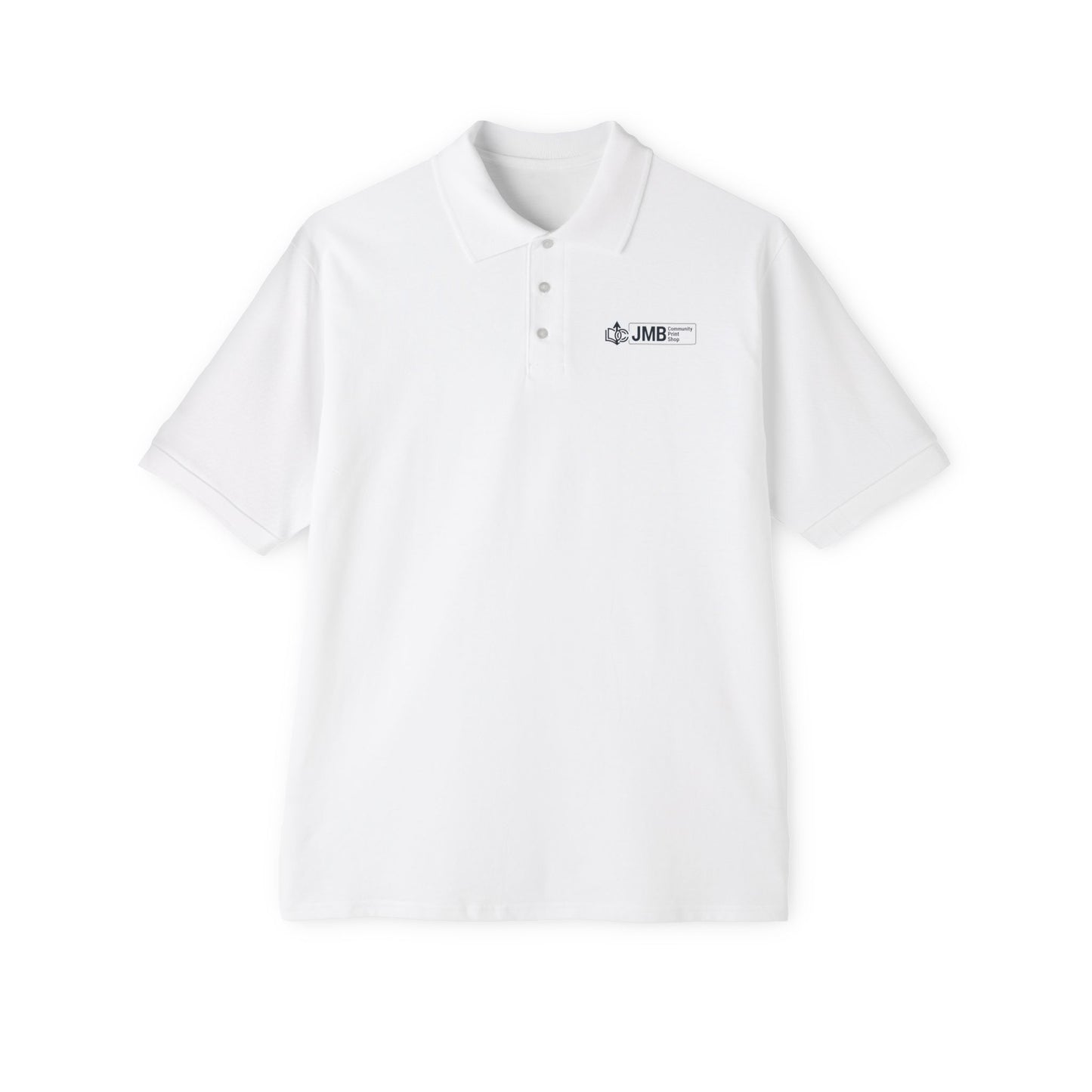 Classic Embroidered Logo Polo with JMB Community Print Shop Logo — Men's White Piqué Polo