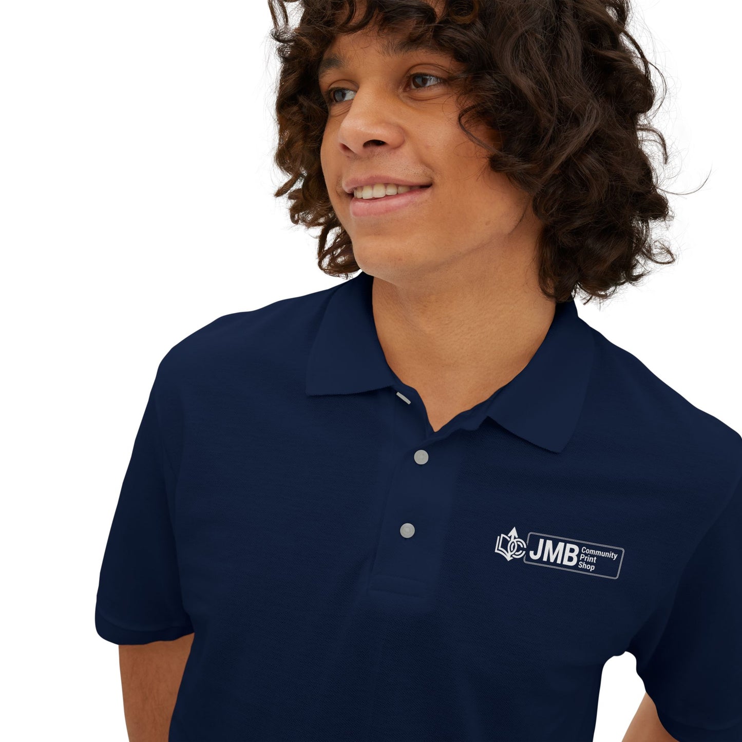 Classic Embroidered Logo Polo with JMB Community Print Shop Logo — Men's White Piqué Polo
