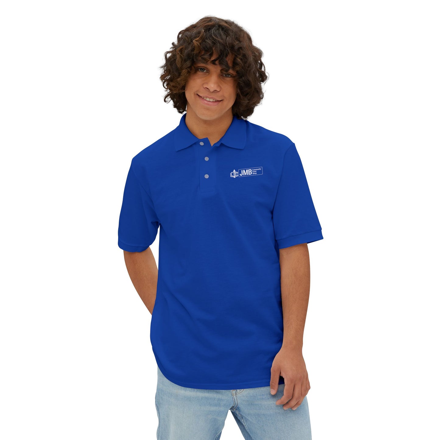 Classic Embroidered Logo Polo with JMB Community Print Shop Logo — Men's White Piqué Polo