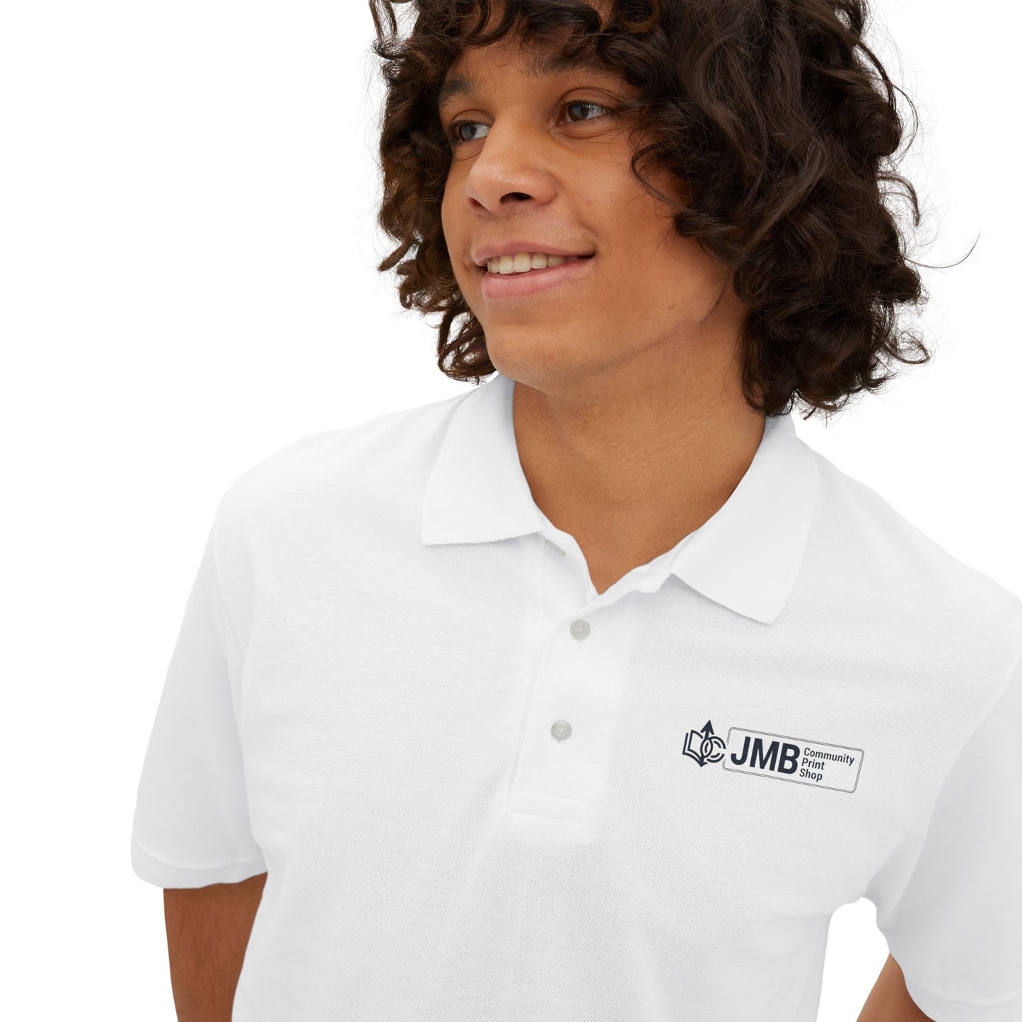 Classic Embroidered Logo Polo with JMB Community Print Shop Logo — Men's White Piqué Polo