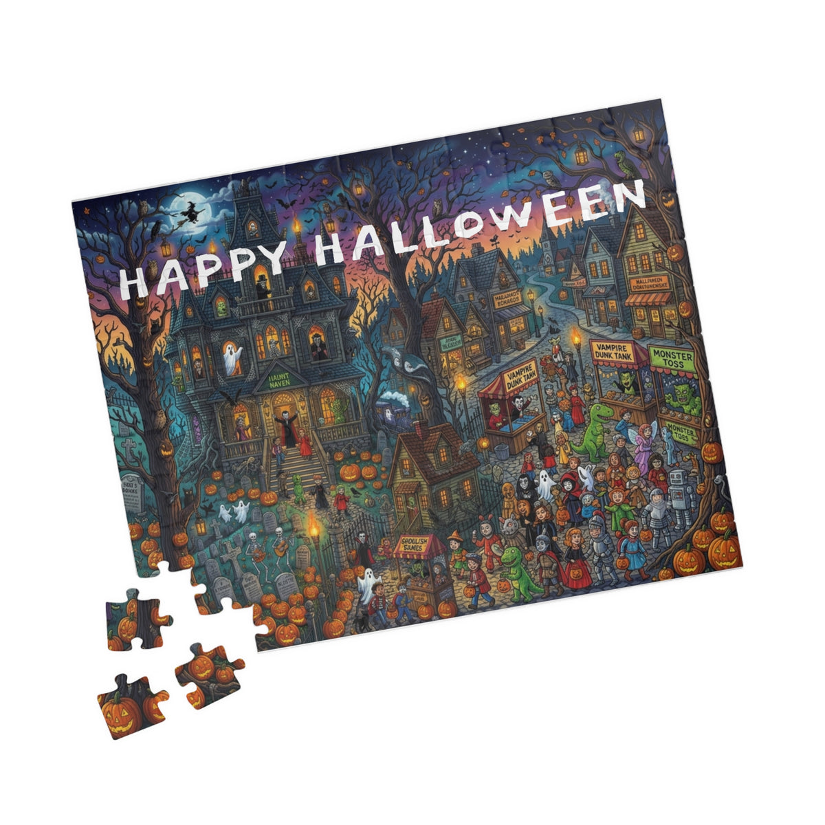 Happy Halloween Haunted House Puzzle – Spooky Pumpkin Patch Jigsaw (110–1014 pcs)
