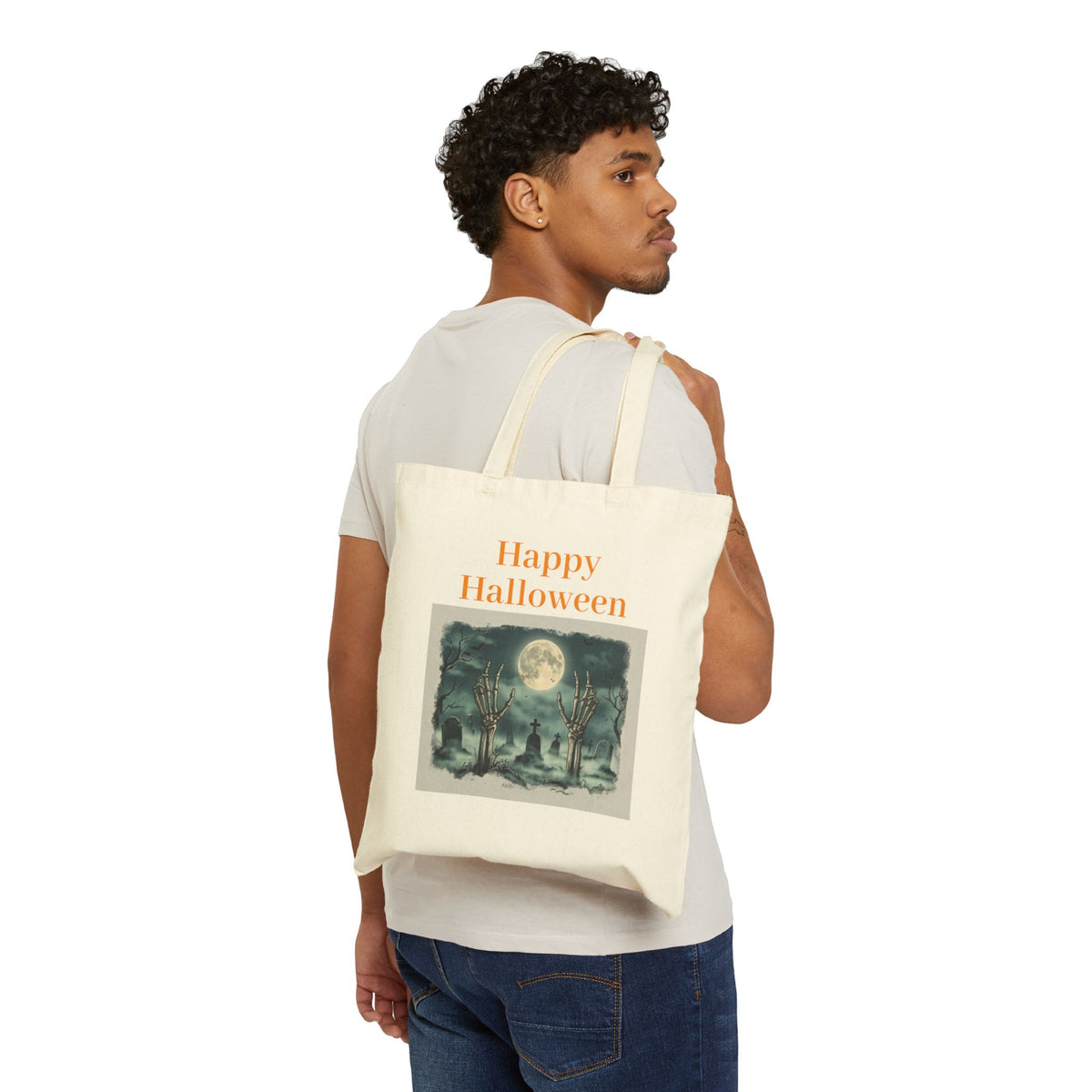 Halloween Canvas Tote — "Happy Halloween" Witch & Full Moon Trick-or-Treat Bag