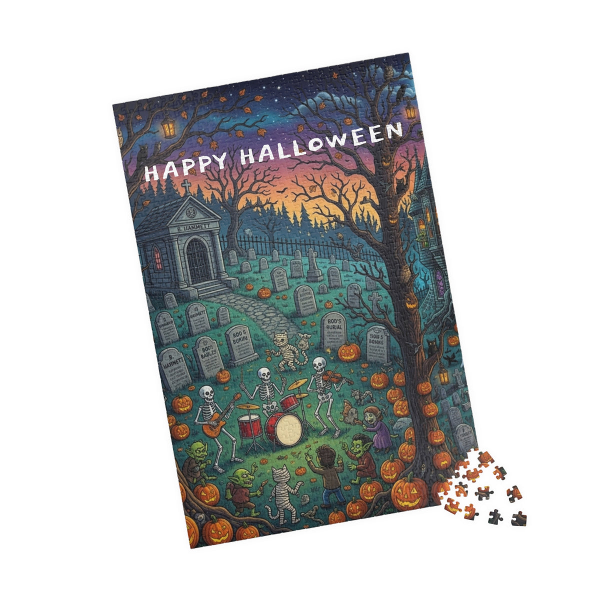 Happy Halloween Graveyard Puzzle — Spooky Pumpkin & Skeleton Scene (110/252/520/1014 pcs)