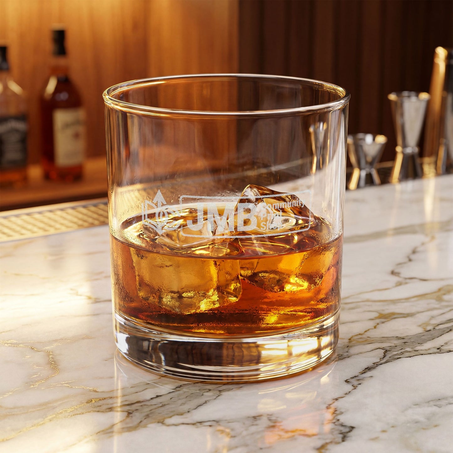 JMB Community Print Shop Engraved 10.5 oz Whiskey Glass — Personalized Rocks Tumbler