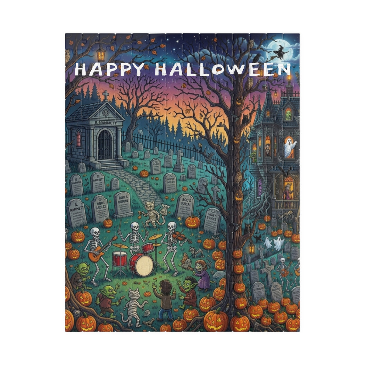 Happy Halloween Graveyard Puzzle — Spooky Pumpkin & Skeleton Scene (110/252/520/1014 pcs)