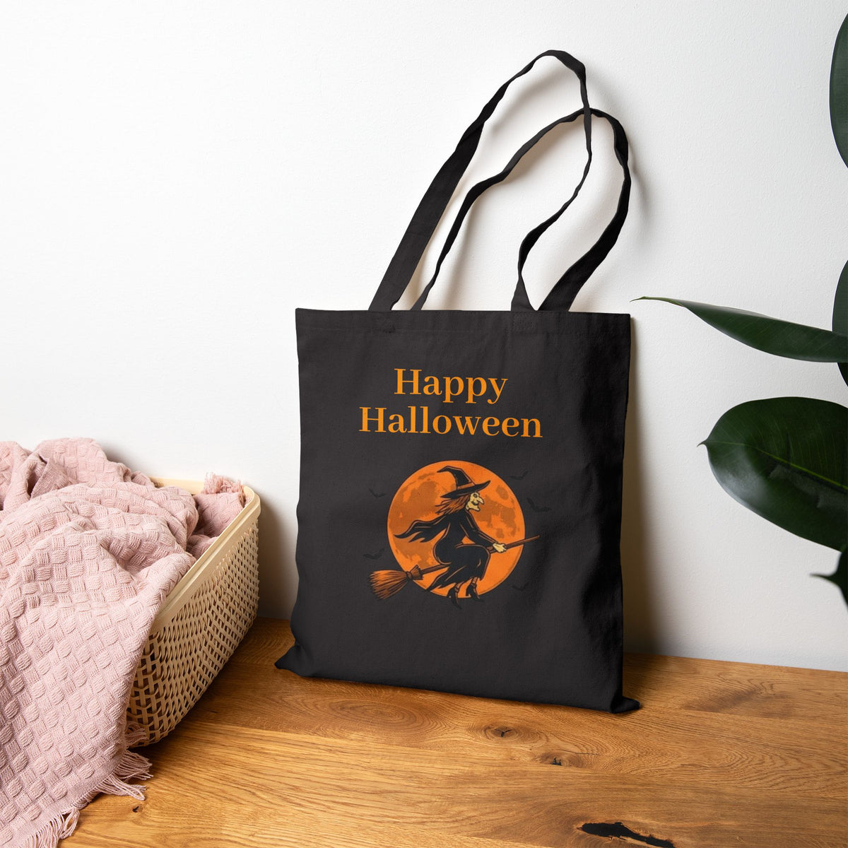Halloween Canvas Tote — "Happy Halloween" Witch & Full Moon Trick-or-Treat Bag