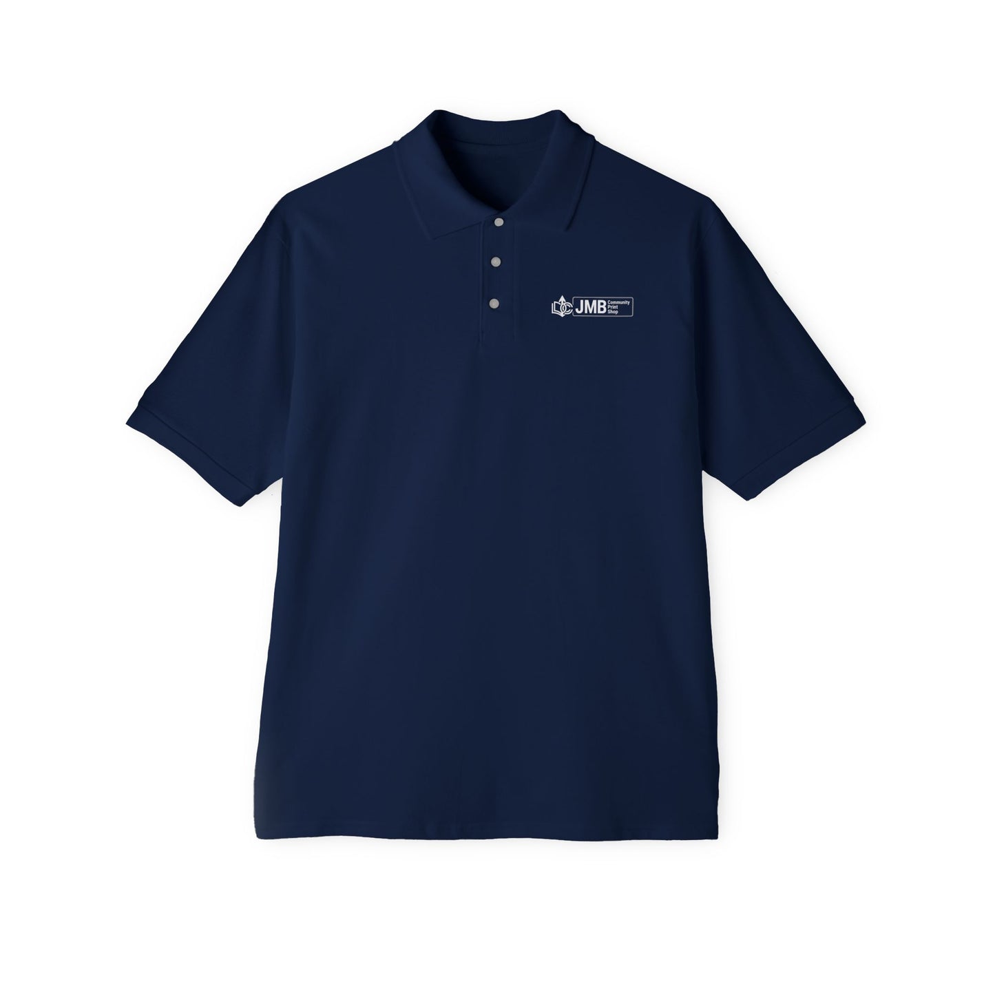 Classic Embroidered Logo Polo with JMB Community Print Shop Logo — Men's White Piqué Polo