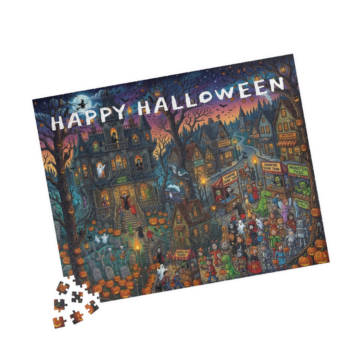 Happy Halloween Haunted House Puzzle – Spooky Pumpkin Patch Jigsaw (110–1014 pcs)