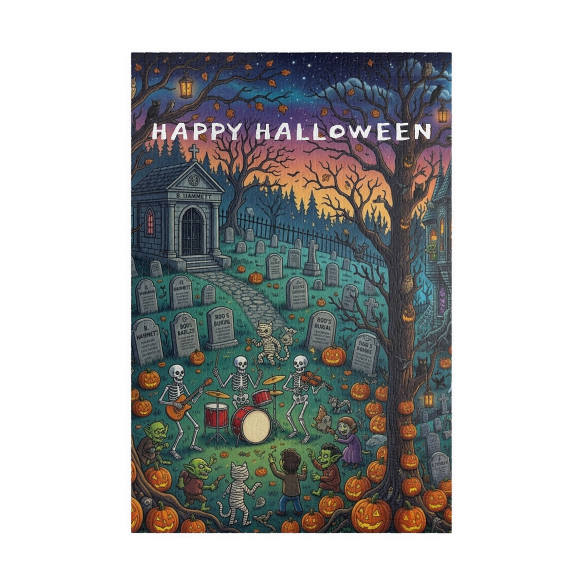 Happy Halloween Graveyard Puzzle — Spooky Pumpkin & Skeleton Scene (110/252/520/1014 pcs)