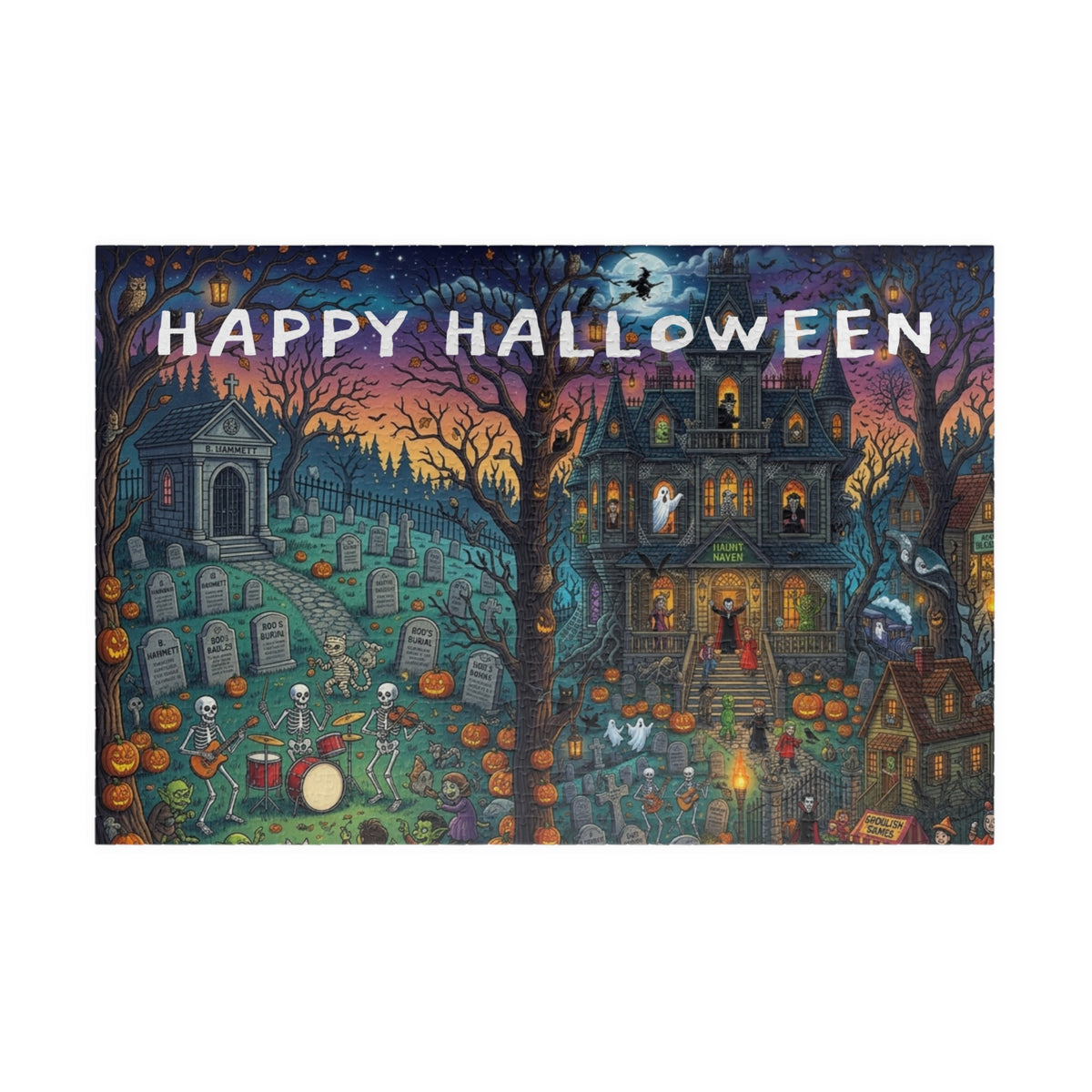 Happy Halloween Graveyard Puzzle — Spooky Pumpkin & Skeleton Scene (110/252/520/1014 pcs)