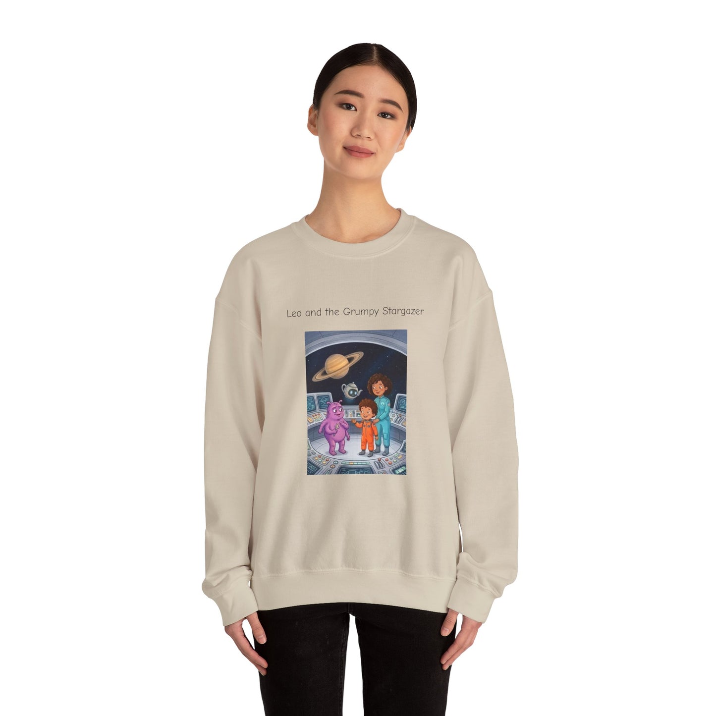 Crewneck Sweatshirt — 'Leo and the Grump from the Planet Gloom' Space Cartoon Graphic