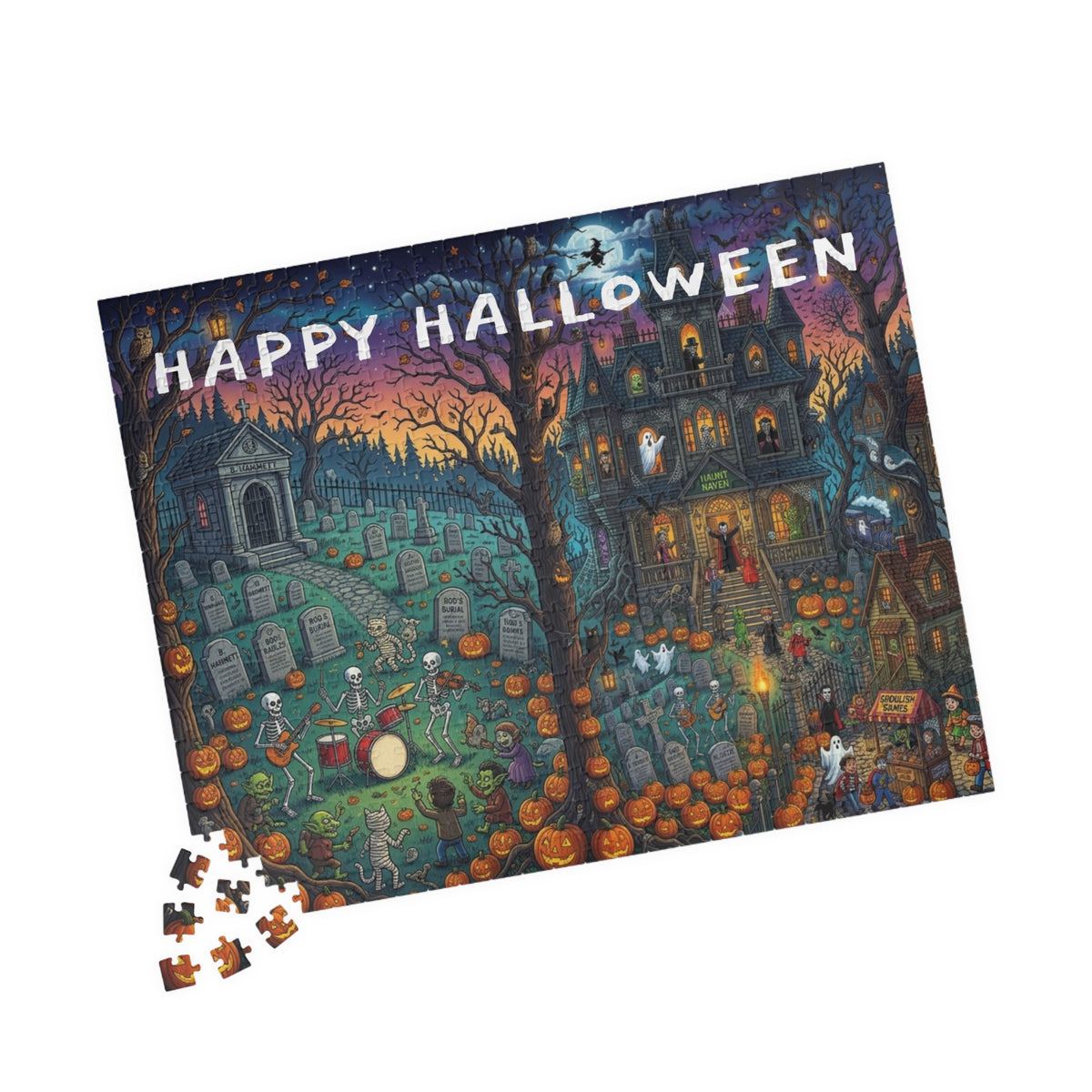 Happy Halloween Graveyard Puzzle — Spooky Pumpkin & Skeleton Scene (110/252/520/1014 pcs)