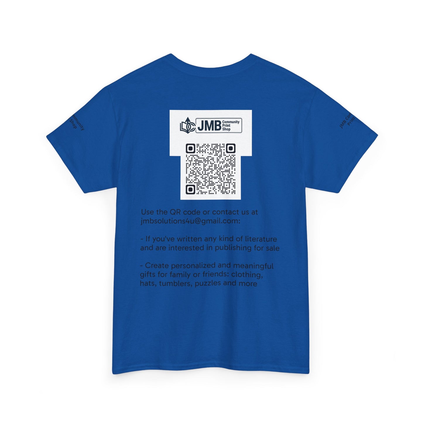JMB Community Print Shop Logo Tee — Personalized Print & New Authors Promotional T‑Shirt