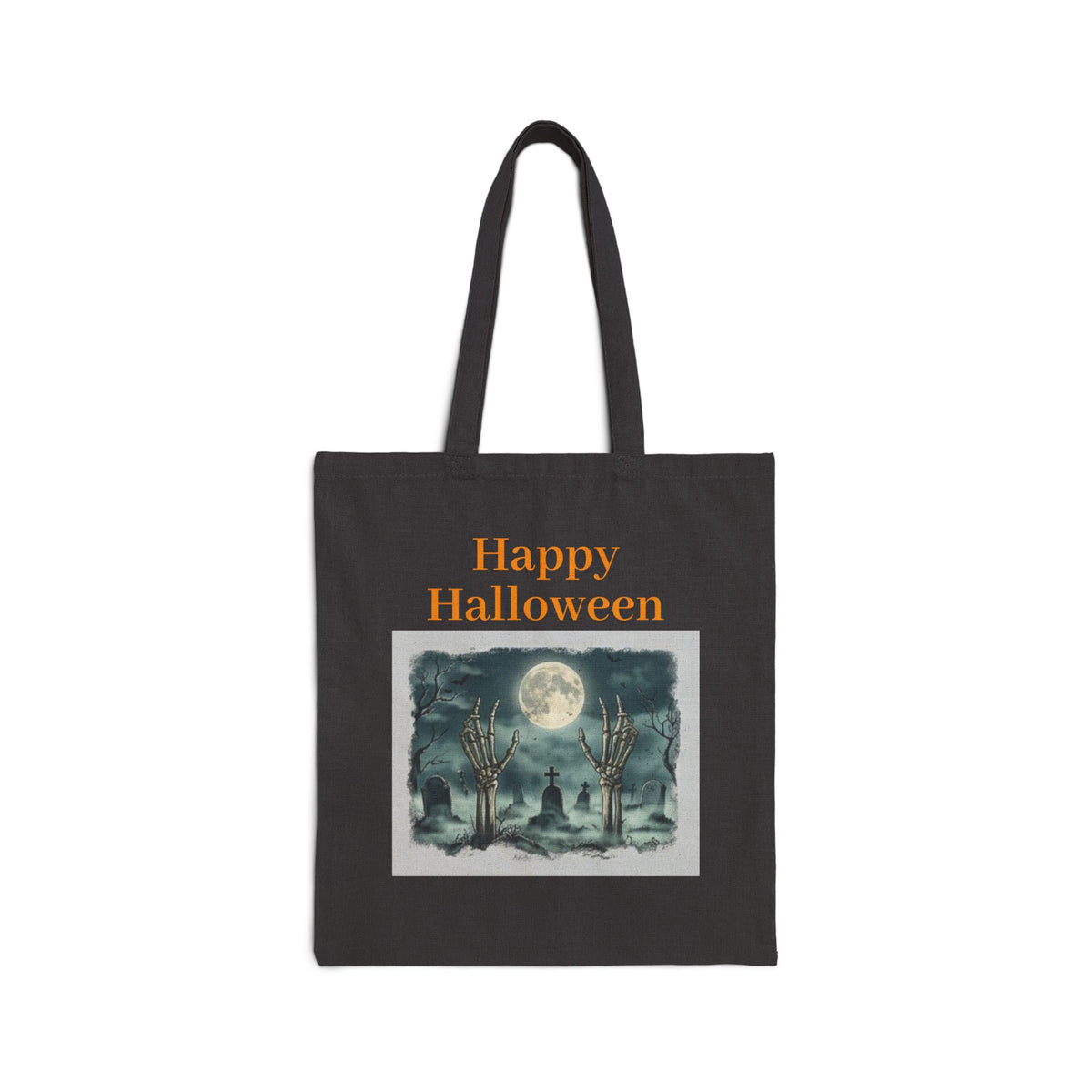 Halloween Canvas Tote — "Happy Halloween" Witch & Full Moon Trick-or-Treat Bag