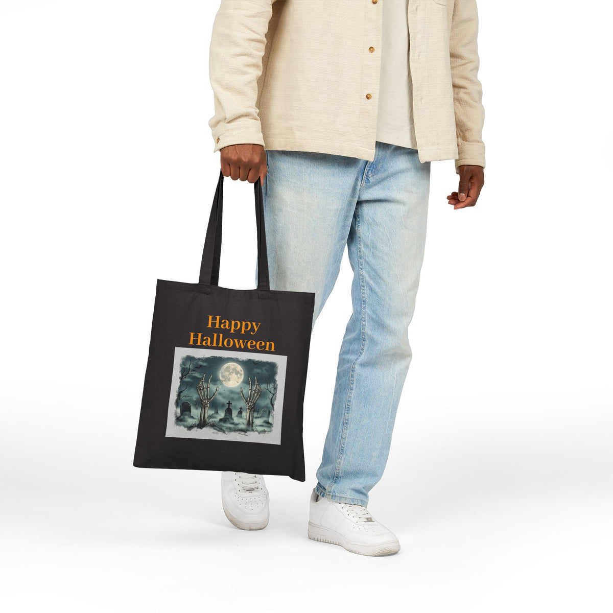 Halloween Canvas Tote — "Happy Halloween" Witch & Full Moon Trick-or-Treat Bag
