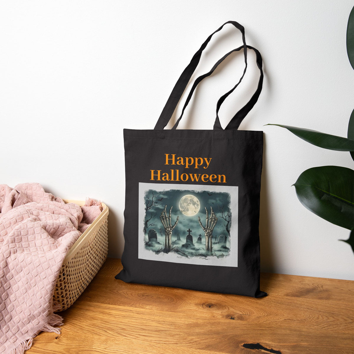 Halloween Canvas Tote — "Happy Halloween" Witch & Full Moon Trick-or-Treat Bag