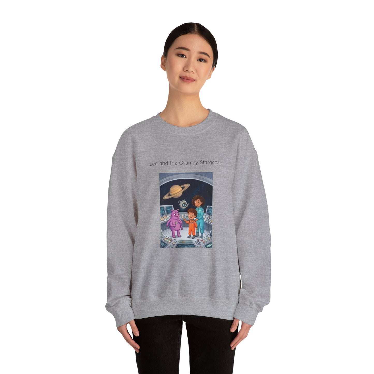 Crewneck Sweatshirt — 'Leo and the Grump from the Planet Gloom' Space Cartoon Graphic