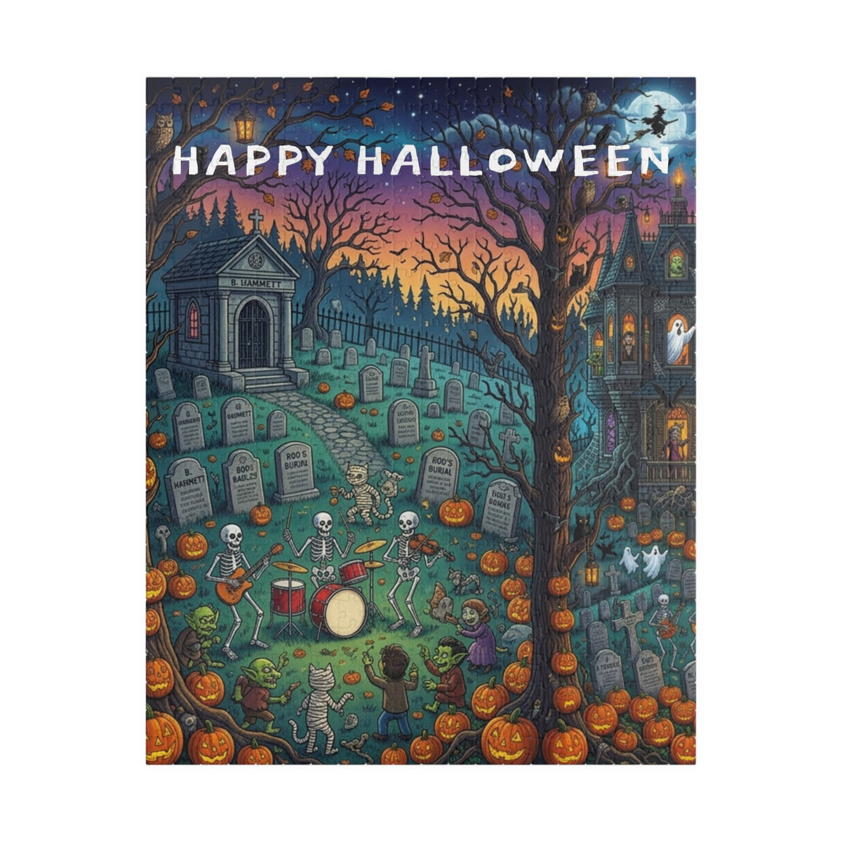 Happy Halloween Graveyard Puzzle — Spooky Pumpkin & Skeleton Scene (110/252/520/1014 pcs)