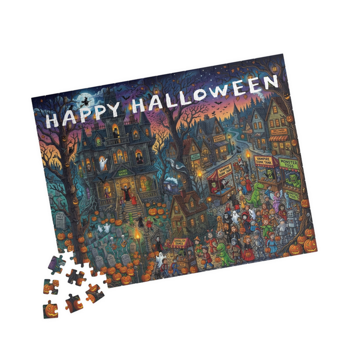 Happy Halloween Haunted House Puzzle – Spooky Pumpkin Patch Jigsaw (110–1014 pcs)