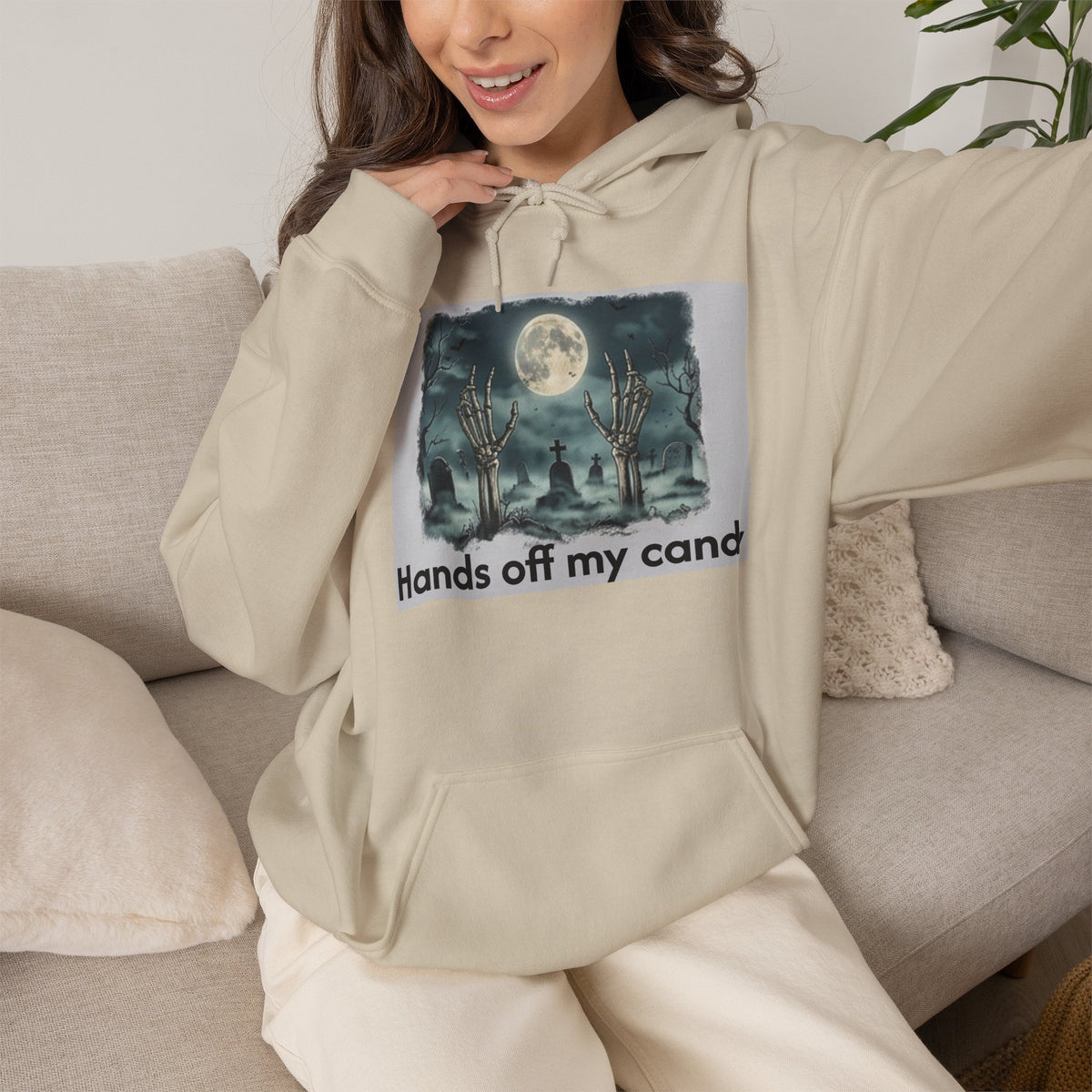 Hoodie — 'Hands Off My Candy' Halloween Moonlit Graveyard Graphic