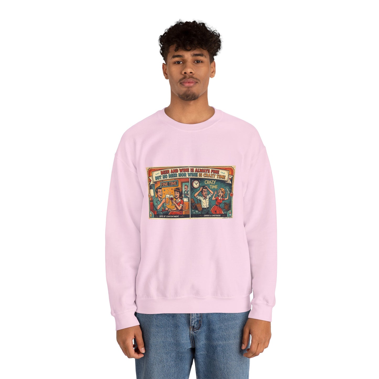 Retro Comic Beer and Wine Crewneck Sweatshirt — Vintage Arcade Pop Art Graphic