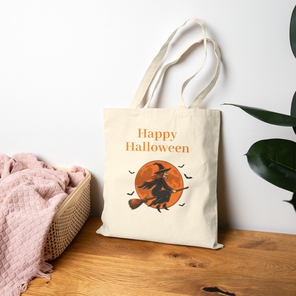 Halloween Canvas Tote — "Happy Halloween" Witch & Full Moon Trick-or-Treat Bag