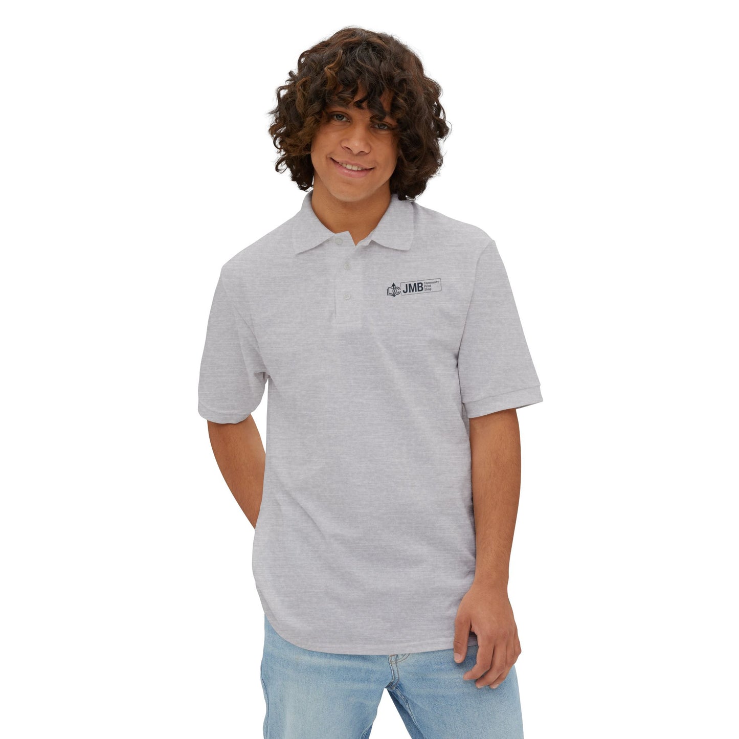 Classic Embroidered Logo Polo with JMB Community Print Shop Logo — Men's White Piqué Polo