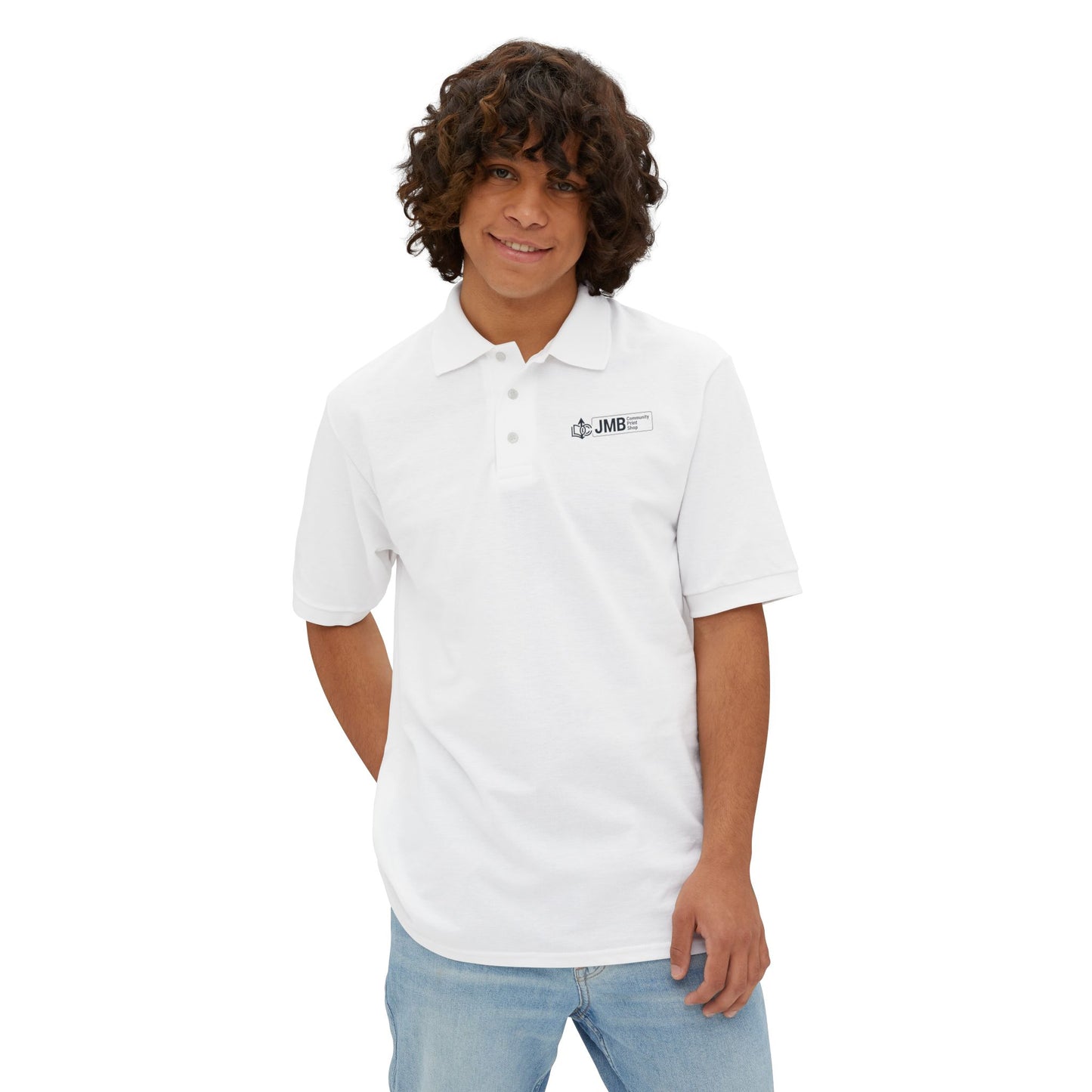 Classic Embroidered Logo Polo with JMB Community Print Shop Logo — Men's White Piqué Polo