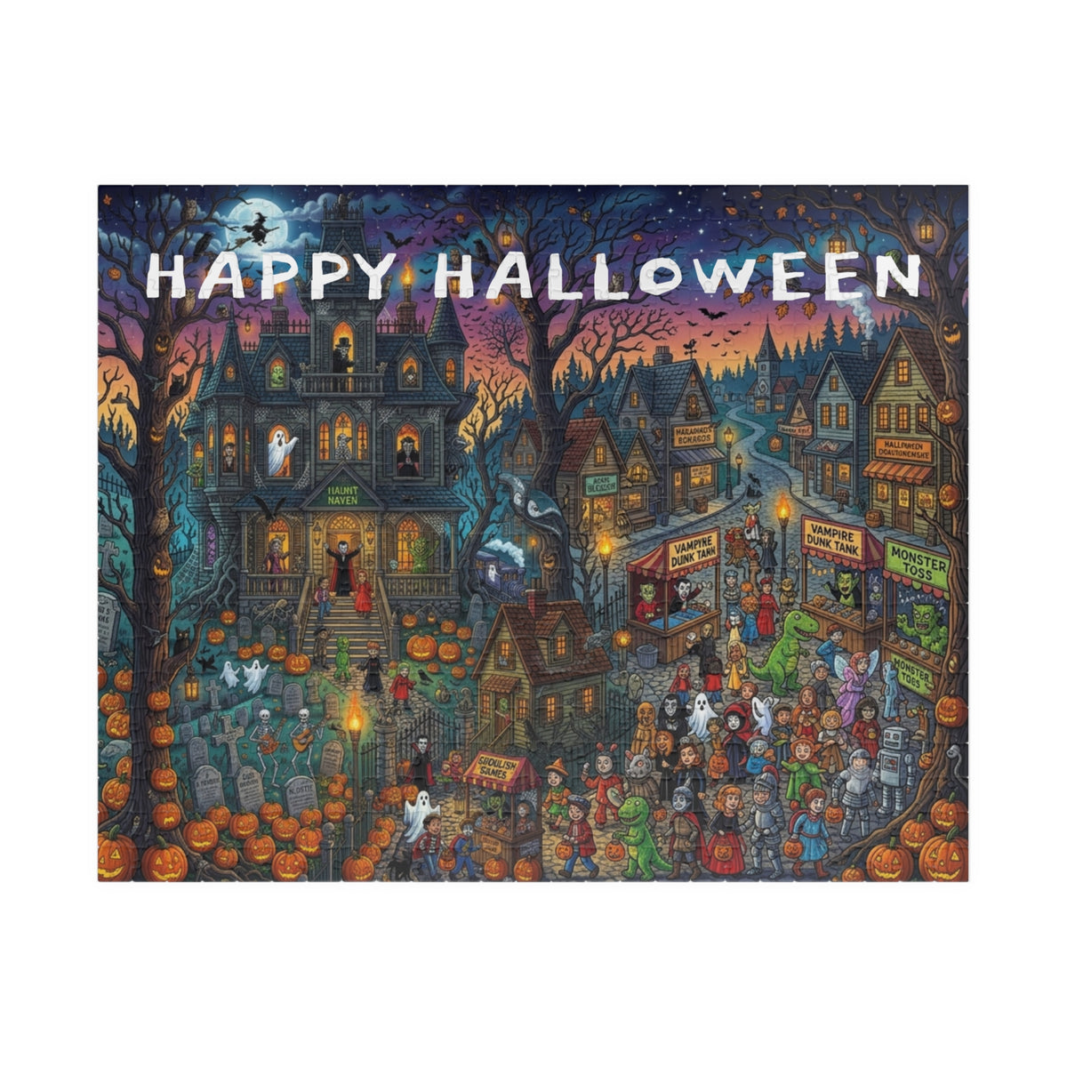 Happy Halloween Haunted House Puzzle – Spooky Pumpkin Patch Jigsaw (110–1014 pcs)