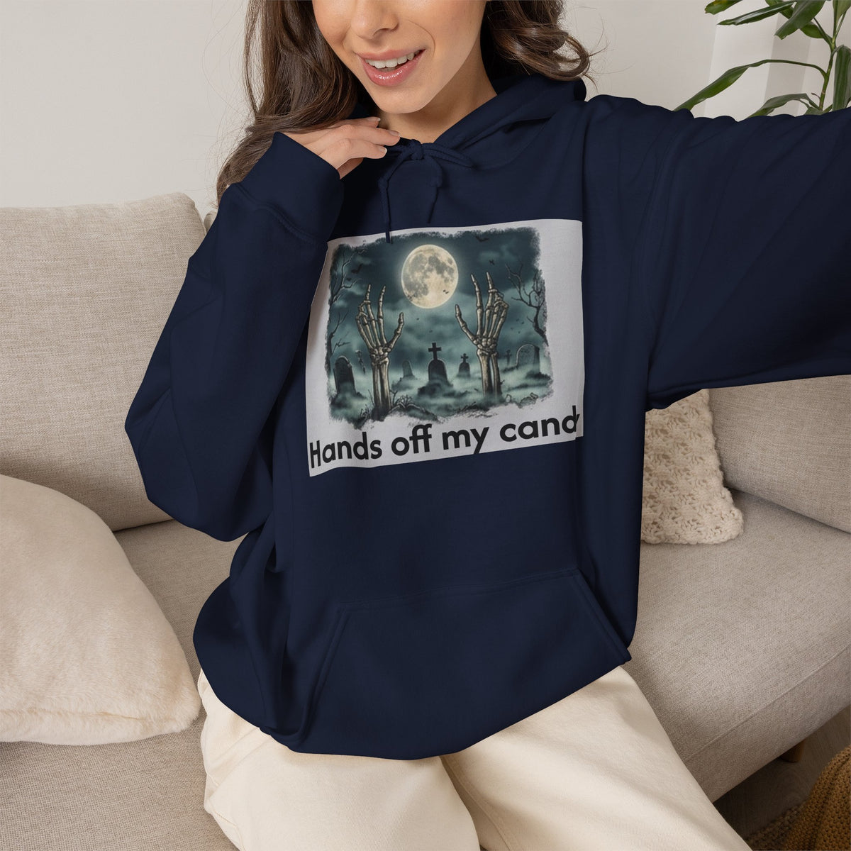 Hoodie — 'Hands Off My Candy' Halloween Moonlit Graveyard Graphic