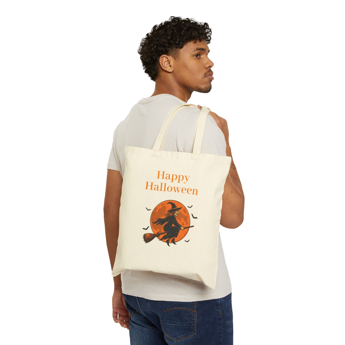 Halloween Canvas Tote — "Happy Halloween" Witch & Full Moon Trick-or-Treat Bag