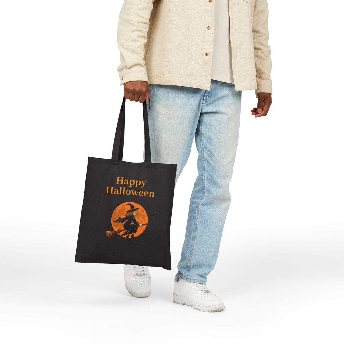 Halloween Canvas Tote — "Happy Halloween" Witch & Full Moon Trick-or-Treat Bag