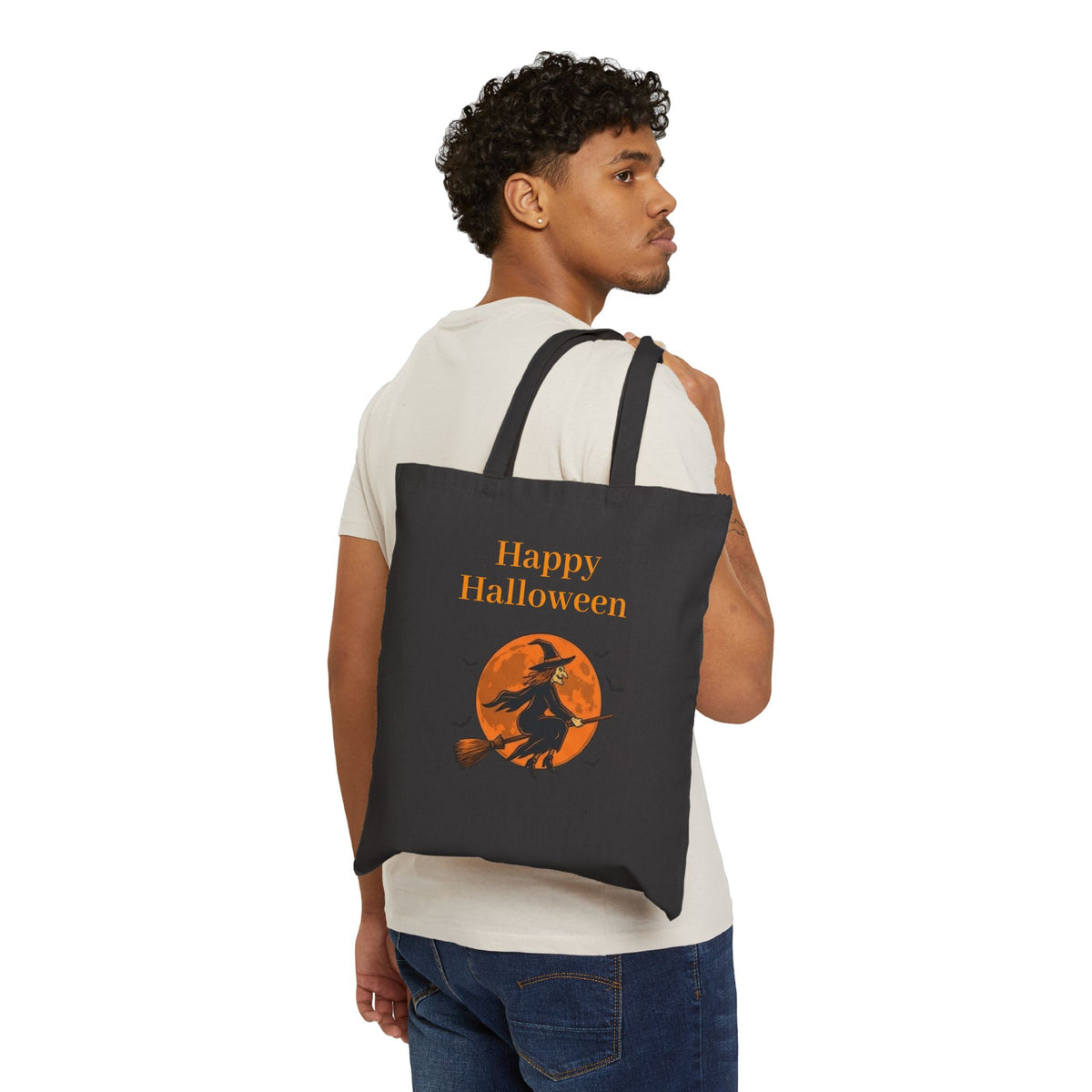 Halloween Canvas Tote — "Happy Halloween" Witch & Full Moon Trick-or-Treat Bag