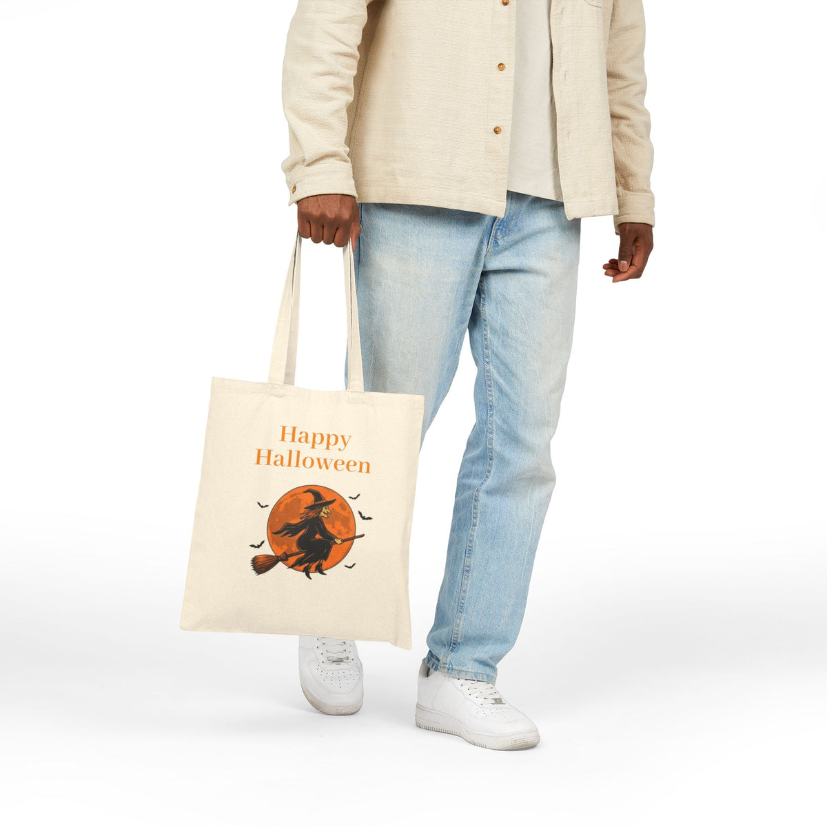 Halloween Canvas Tote — "Happy Halloween" Witch & Full Moon Trick-or-Treat Bag