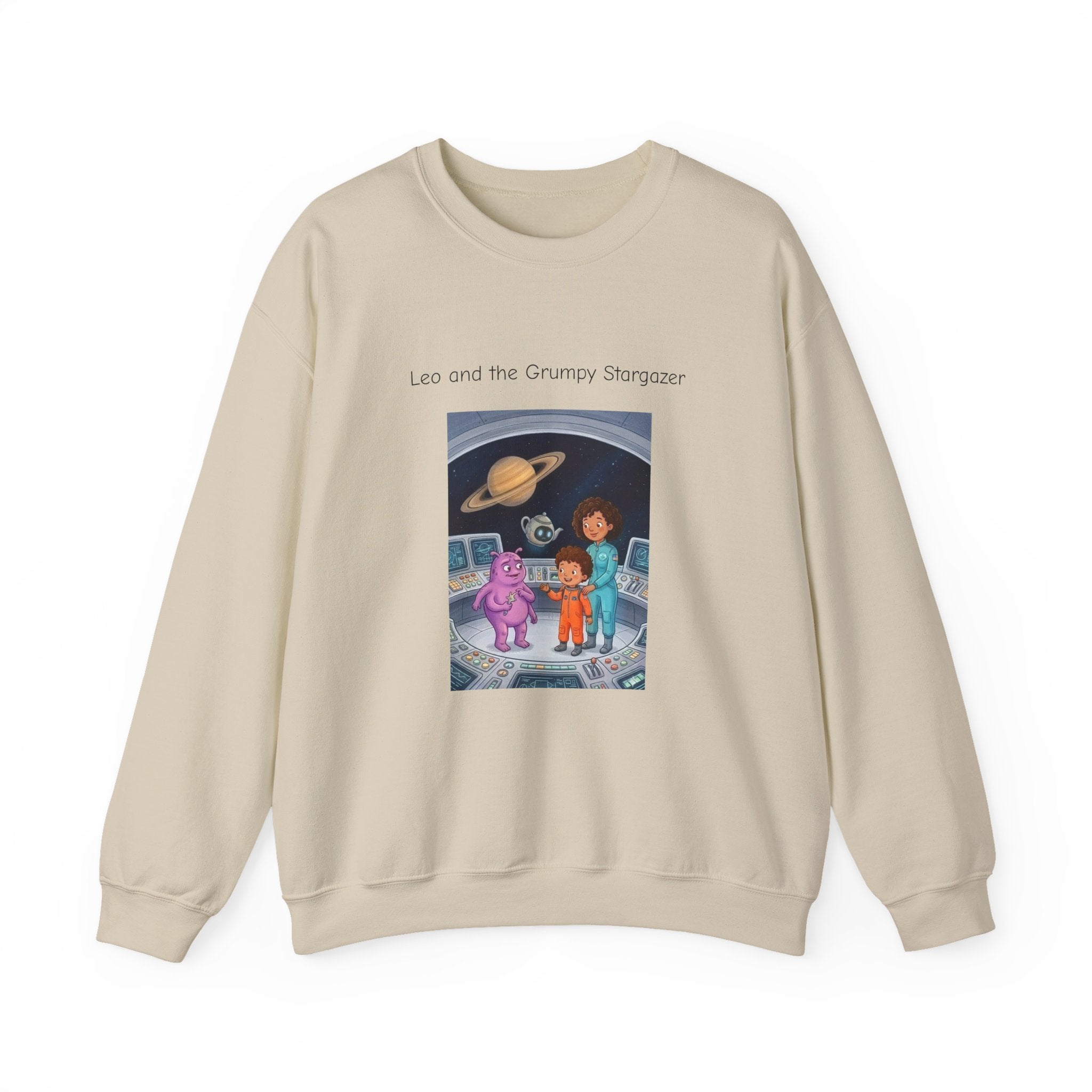 Crewneck Sweatshirt — 'Leo and the Grump from the Planet Gloom' Space Cartoon Graphic