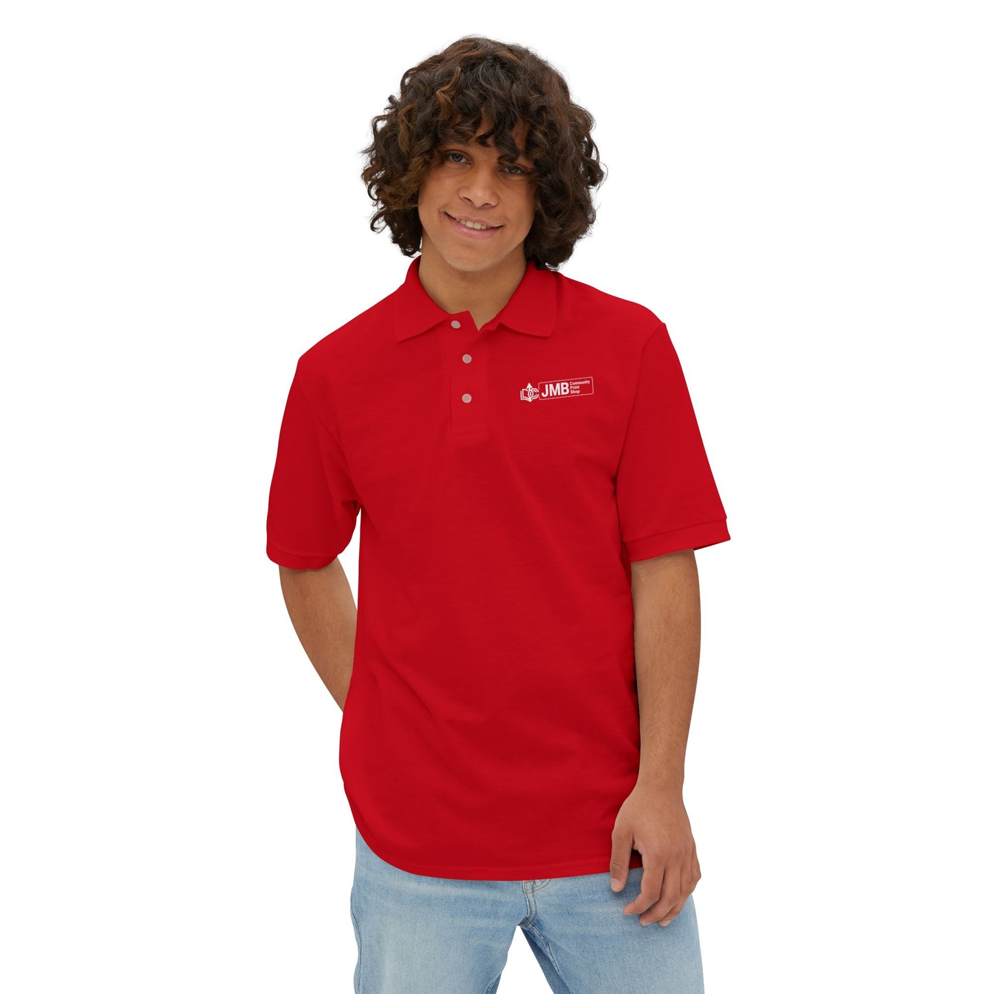 Classic Embroidered Logo Polo with JMB Community Print Shop Logo — Men's White Piqué Polo