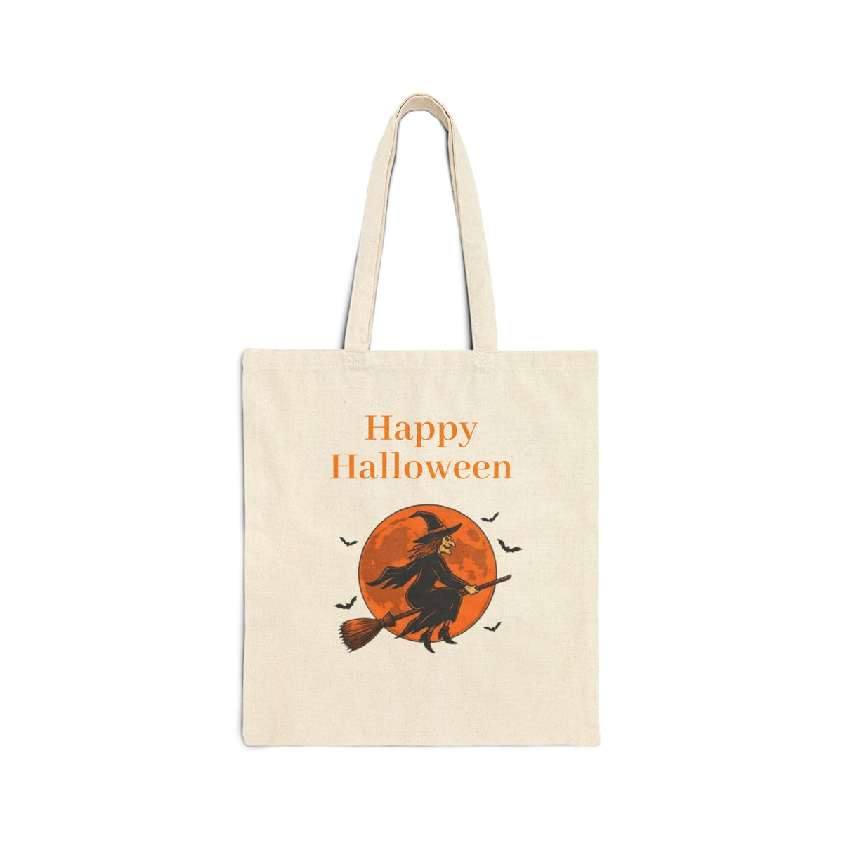 Halloween Canvas Tote — "Happy Halloween" Witch & Full Moon Trick-or-Treat Bag