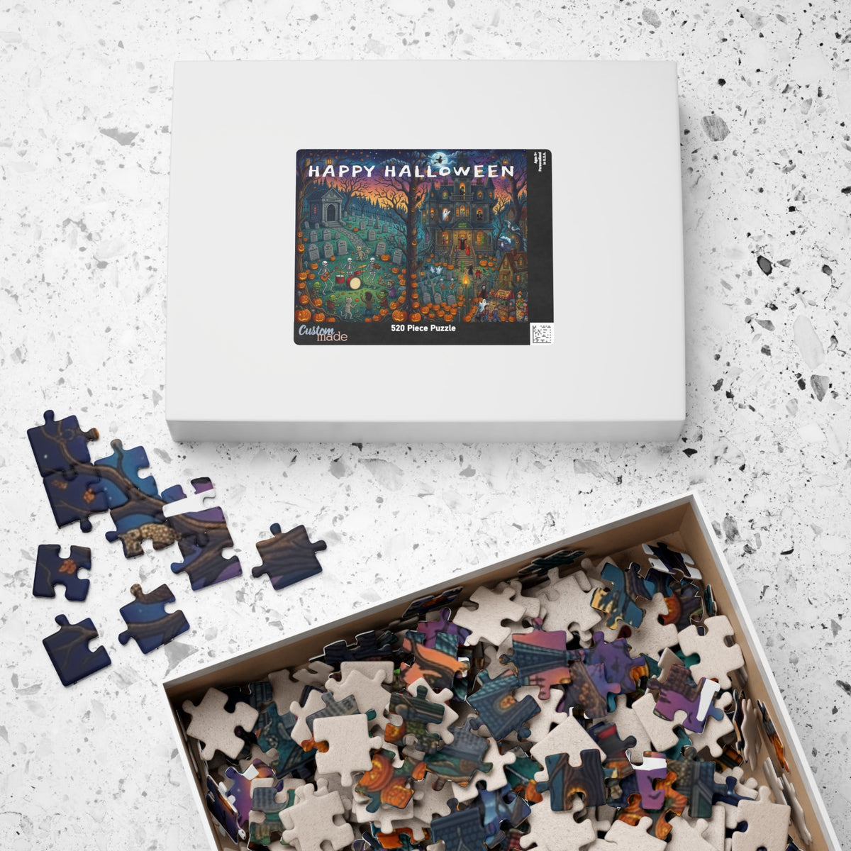 Happy Halloween Graveyard Puzzle — Spooky Pumpkin & Skeleton Scene (110/252/520/1014 pcs)