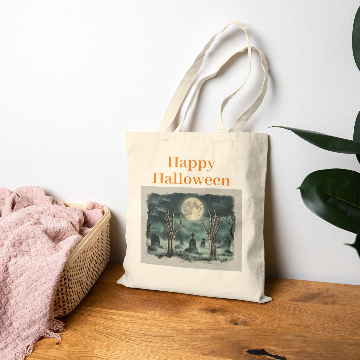 Halloween Canvas Tote — "Happy Halloween" Witch & Full Moon Trick-or-Treat Bag